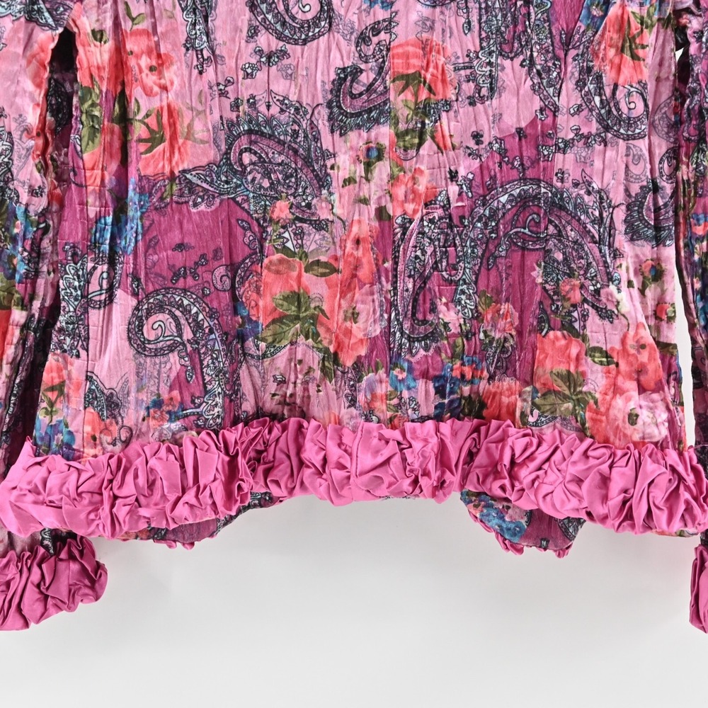 Vtg FANTAZIA Womens Velvet Jacket Size M Pink Floral Paisley Crinkle Ruffle Y2k - Picture 11 of 11